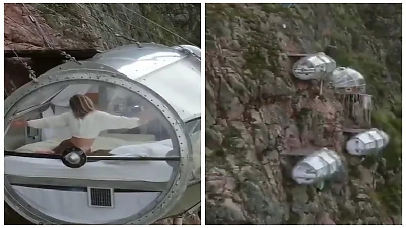 فندق زجاجي معلق على ارتفاع 400 متر عن قاع الوادي يحبس الأنفاس .. فيديو