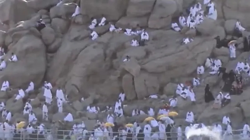 شاهد.. ضيوف الرحمن يبتهلون بالدعاء في جبل الرحمة