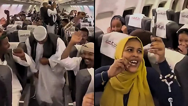 سودانيون يحتفلون داخل طائرة فور سماعهم خبر استعادة الخرطوم .. فيديو