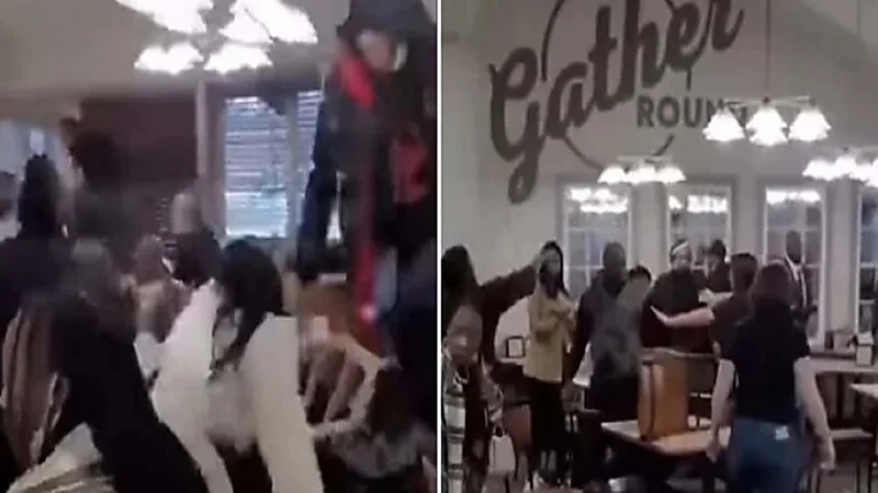 بالفيديو.. 40 شخص يتشاجرون على شريحة لحم داخل مطعم