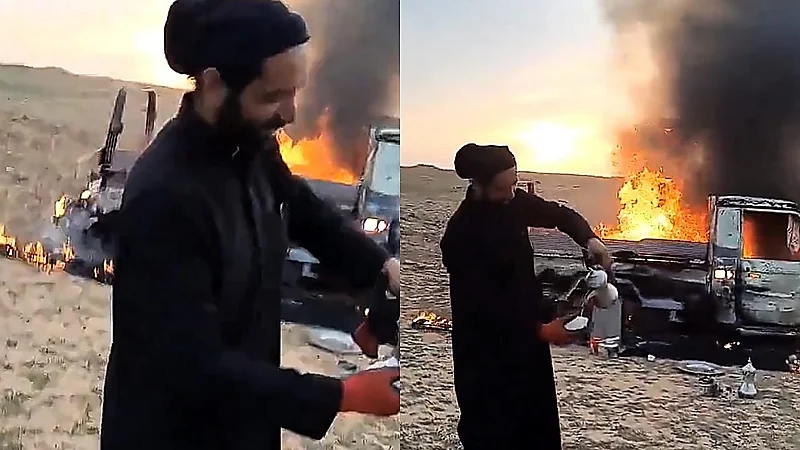 رجل من حائل يقدم القهوة لضيوفه رغم احتراق سيارته .. فيديو