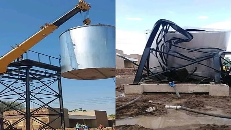 بالصور.. نجاة أشخاص من كارثة عند سقوط خزان مياه ضخم