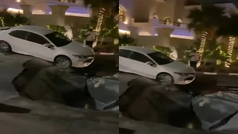 بالفيديو.. هبوط أرضى مفاجئ يتسبب في سقوط مركبة بالخبر