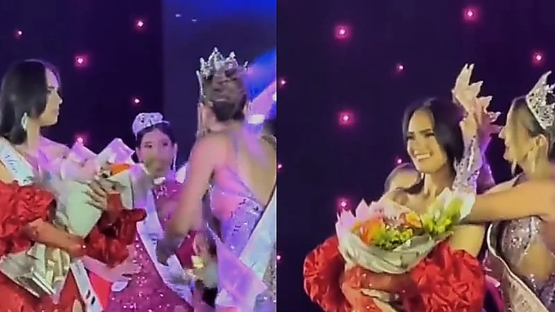 الغيرة تدفع فتاة لإسقاط التاج من على رأس منافستها في مسابقة ملكة جمال.. فيديو