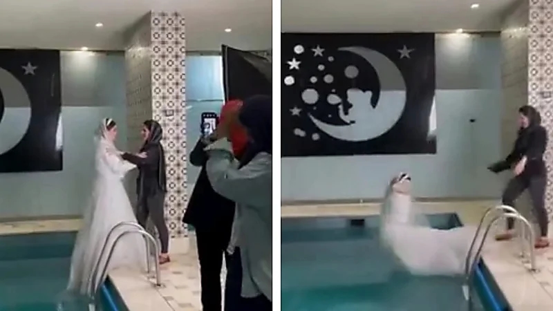 مشهد صادم لفتاة تُلقي بصديقتها العروس في المسبح .. فيديو