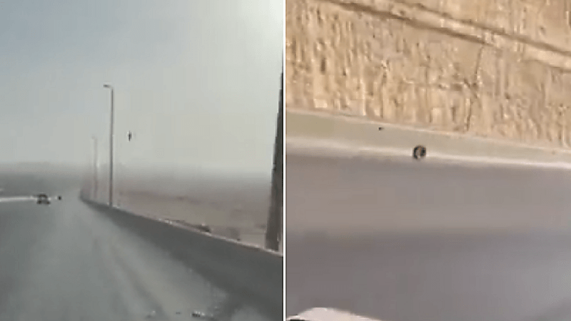 بالفيديو.. إطار مركبة يسابق المسافرون أعلى منحدر القدية