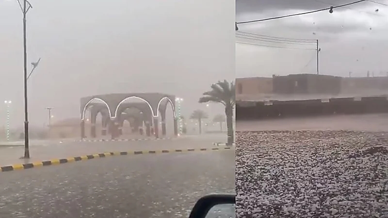 فيديو..حبات البرد تكسو جنوب حائل