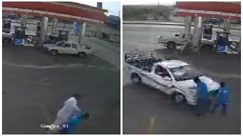 مشهد صادم لشخص حاول دهس عمال محطة واعتدى عليهم بالضرب.. فيديو