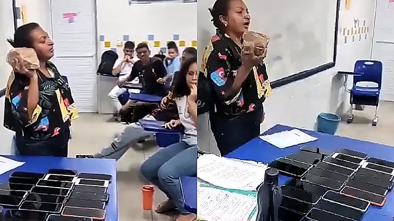 معلمة تهدد طلابها بتكسير هواتفهم .. فيديو