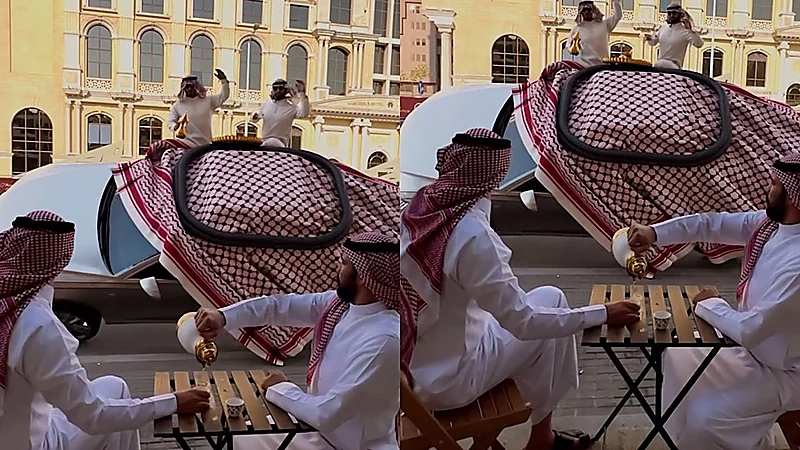 سيارة بالشِماغ والعقال: تفحيط مثير لسعوديين وسط أجواء القهوة .. فيديو