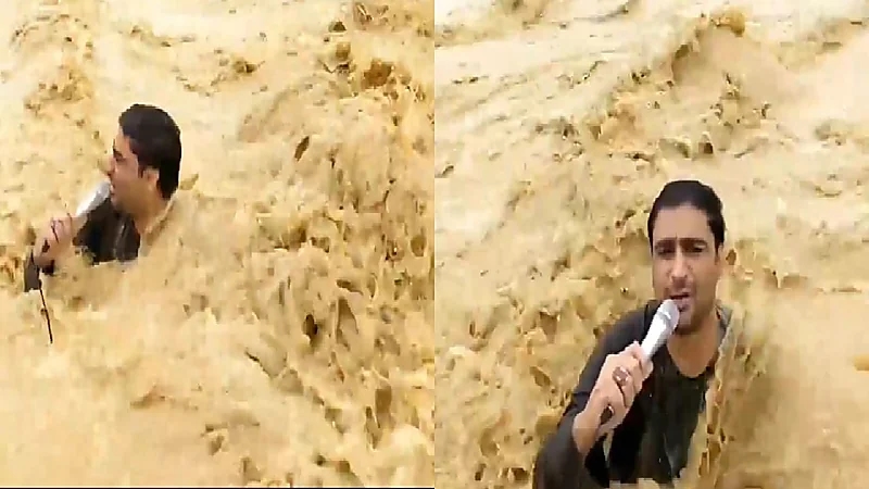 صحفي باكستاني ينجرف في مياه الفيضان أثناء بث مباشر .. فيديو