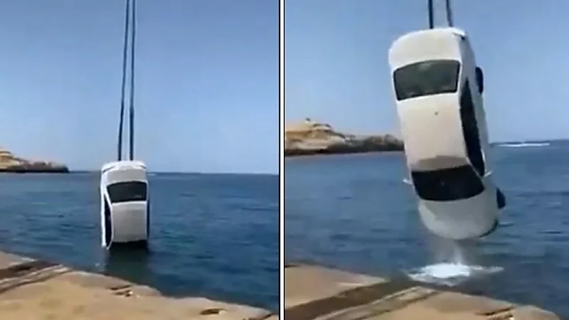 شاهد.. لحظة انتشال سيارة مواطن بعد سقوطها في البحر بتبوك