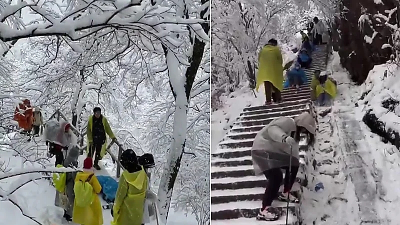 الثلوج تتسبب في انزلاق السياح على منحدر في مقاطعة هوانغشان الصينية.. فيديو