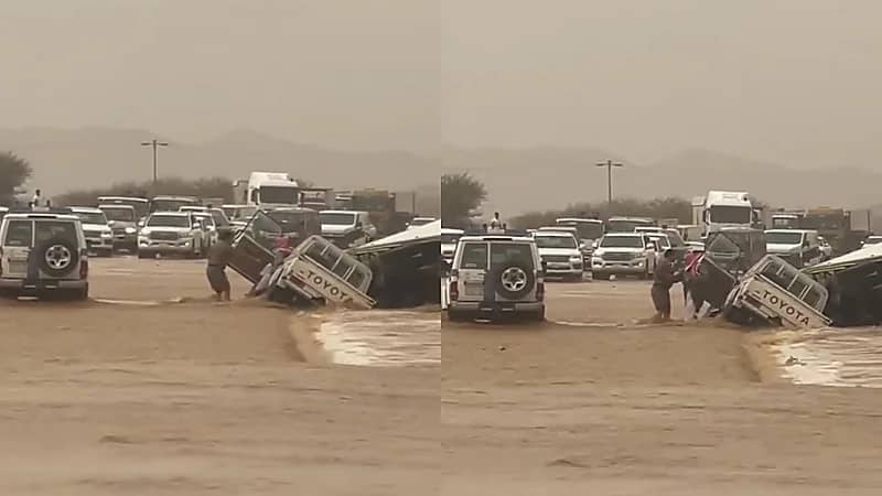 بالفيديو.. رجل أمن يساعد قائد مركبة جرفتها السيول في مهد الذهب