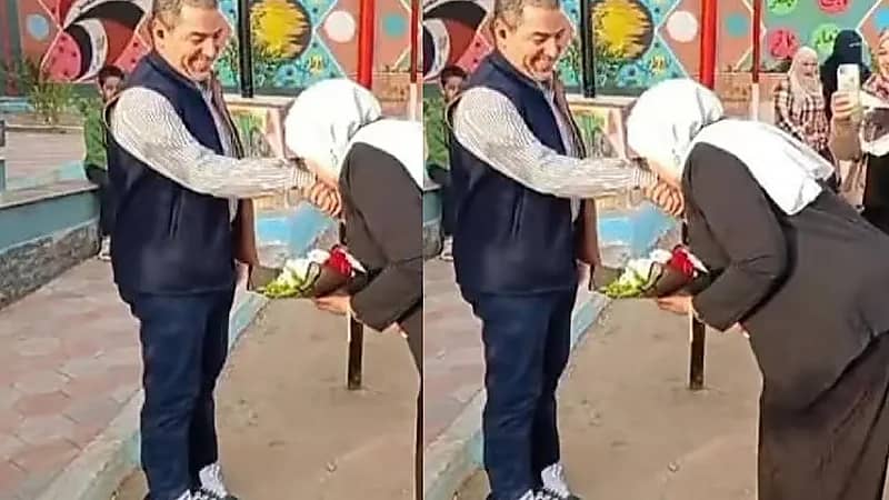 وكيلة مدرسة تقبّل يد زوجها في طابور الصباح وتثير الجدل