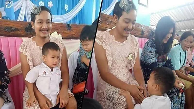 "أب" يرتدي فستان لحضور حفل عيد الأم مع نجله