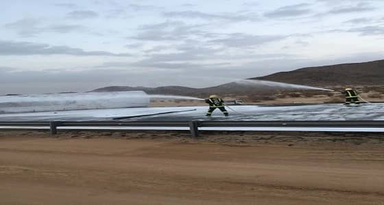 مدني بيشة يسيطر على حادث انقلاب ناقلة وقود