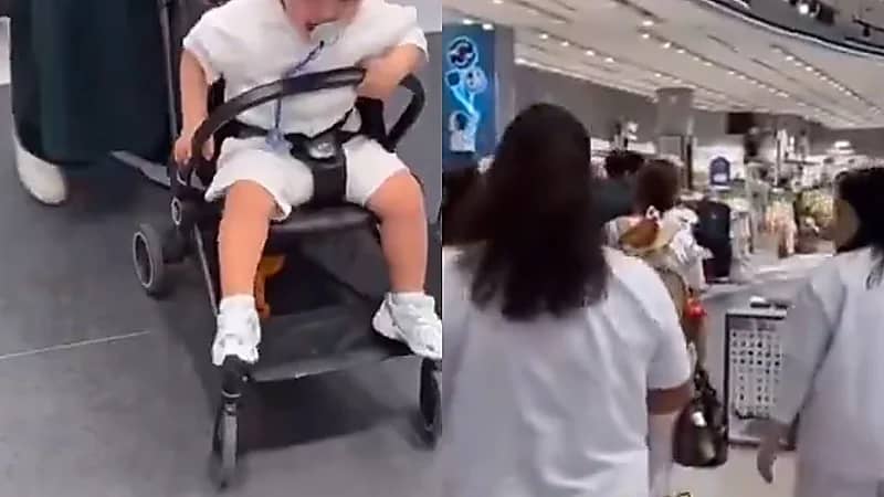 سارة الودعاني تغادر أحد المحلات برفقة 6 عاملات ومشرفات مع أطفالها .. فيديو