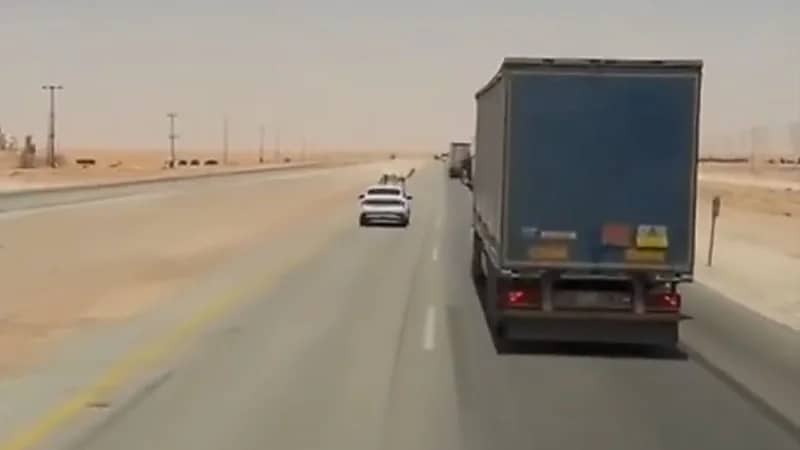 سائق شاحنة يتدخل في اللحظة الحاسمة وينقذ ناقة من حادث مميت.. فيديو