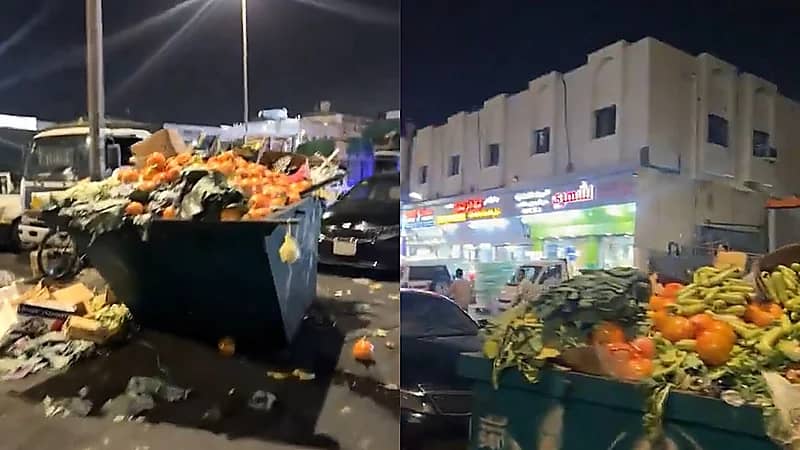رجل يوثق كمية كبيرة من الخضار والفواكه مرميه بـ القمامة .. فيديو