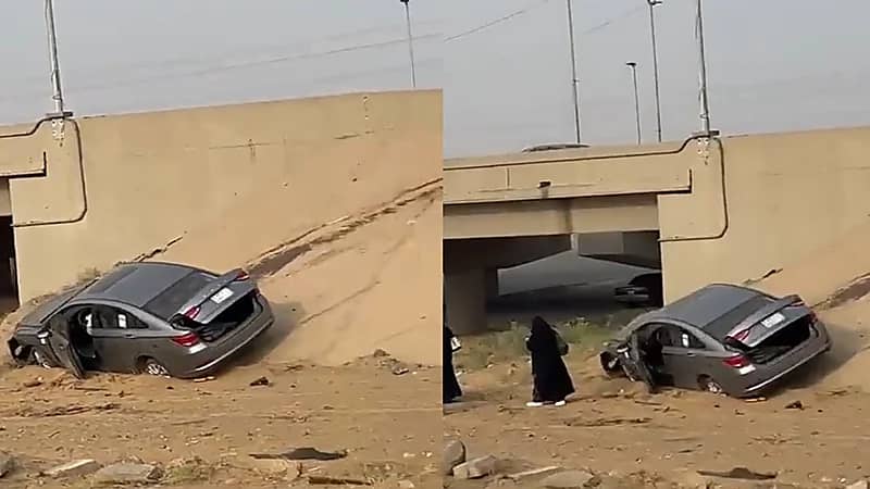 بالفيديو.. سقوط مركبة من أعلى كوبري في جازان