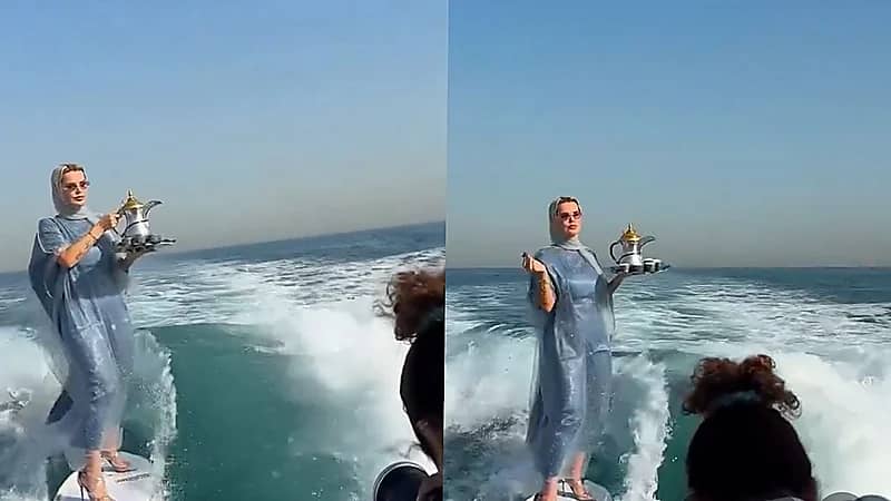 فتاة تبهر الجميع باحتسائها القهوة السعودية في البحر وسط الأمواج.. فيديو