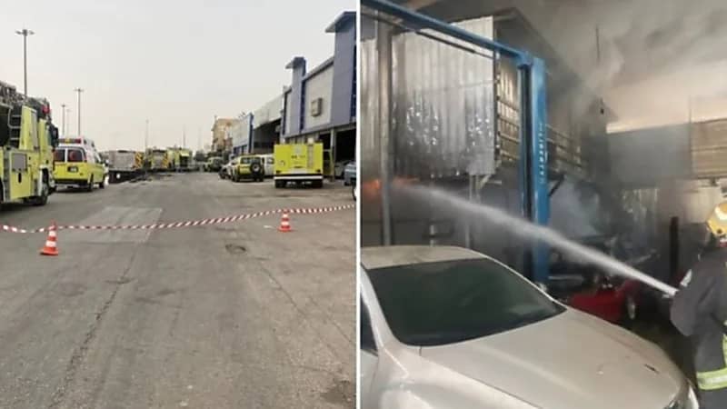 شاهد.. إخماد حريق في ورشة بالرياض وتضرر 6 مركبات