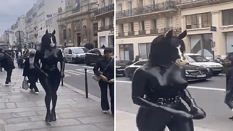 بالفيديو.. امرأة ترتدي ملابس على شكل مجسم حصان تثير جدلاً واسعاً