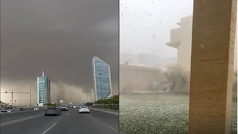 بالفيديو.. سحب رعدية غزيرة وتساقط للبرد شمال الرياض