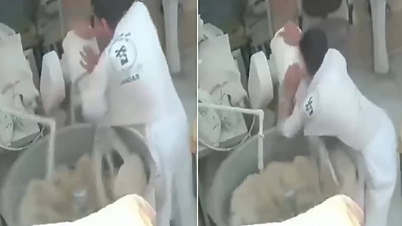 خباز ينجو بأعجوبة من آلة عجن الطحين.. فيديو