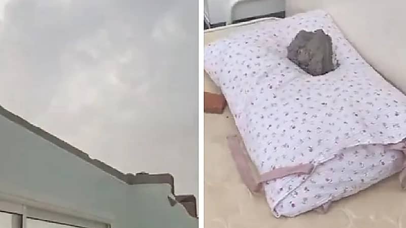 نجاة عائلة من سقوط سقف المنزل بسبب عاصفة قوية في المدينة .. فيديو