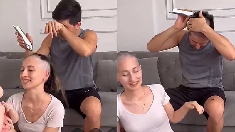 زوج يقص شعر زوجته المصابة بالسرطان ويدعمها بحلاقة شعره .. فيديو