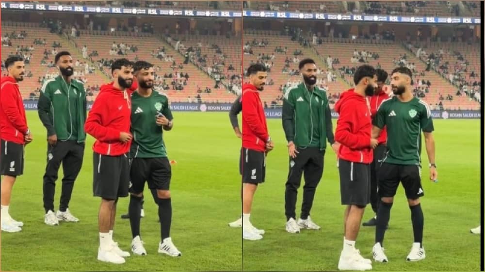 التوأم أبو الشامات يلتقطان صورة قبل انطلاق مباراة الأهلي والقادسية.. فيديو