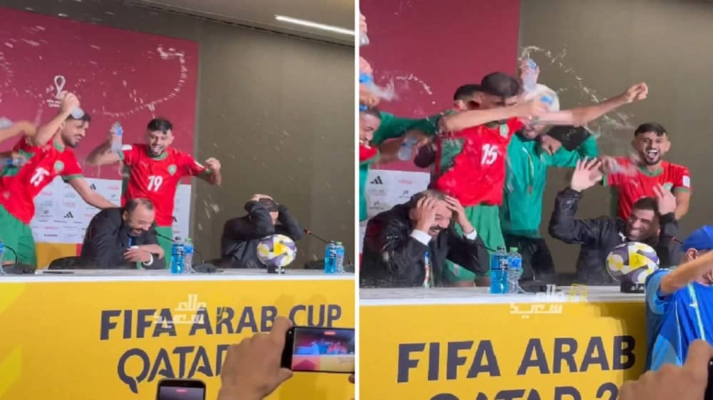 لاعبو المغرب يرشّون حمدالله بالماء في المؤتمر الصحفي .. فيديو