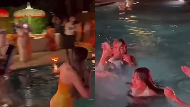 يومي تفاجئ المعازيم بالقفز في المسبح خلال عشاء ما قبل الزفاف.. فيديو