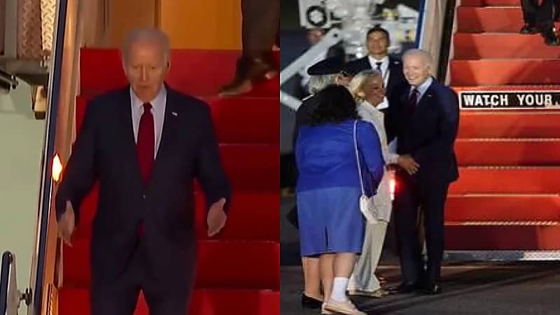 راقب خطواتك تكتب بالبنط العريض على سلم طائرة بايدن ليحقق معجرة .. فيديو