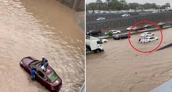 بالفيديو.. السيول تغمر أنفاق الدائري الثاني بالمدينة