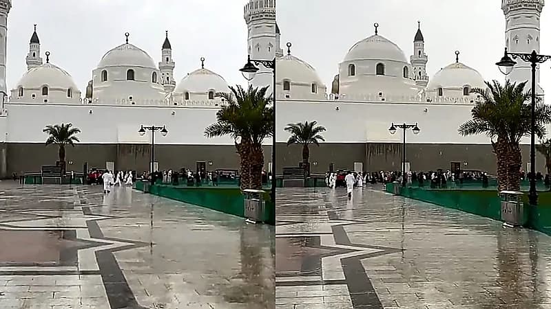 أمطار الخير تكسو مسجد قباء بجمالها في المدينة المنورة.. فيديو