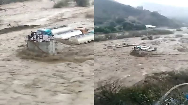 بالفيديو.. وافدون يلجأون إلى سطح خزان مياه أثناء سيول وادي ضمد بجازان⁩