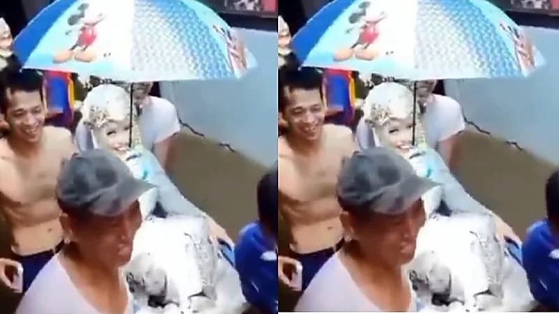 بالفيديو..زفاف عروسين وسط الفيضان في " حوض بلاستيكي "