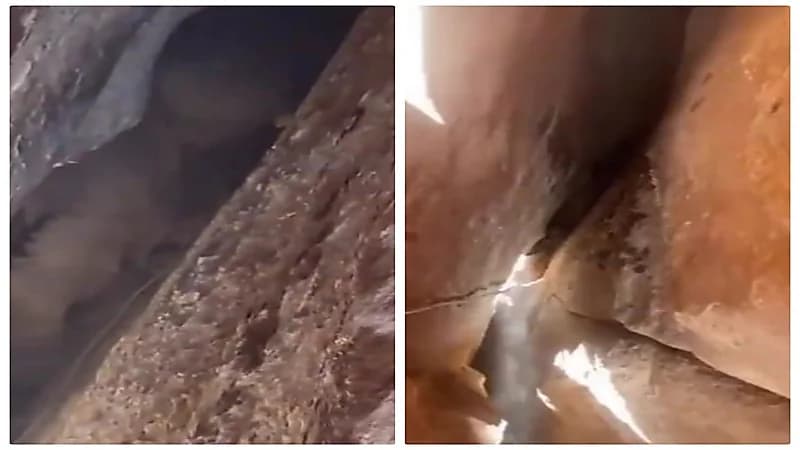 شاهد.. احتجاز شاب في شق صخري بأبو راكة بتبوك