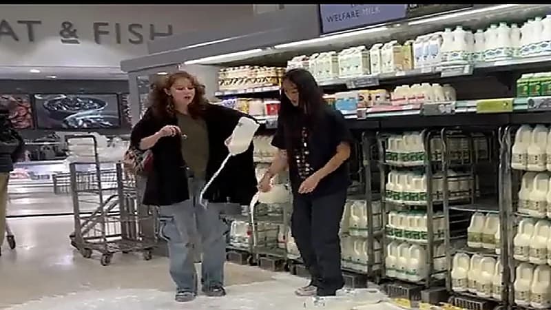 شاهد .. نشطاء البيئة البريطانيين يسكبون الحليب على الأرض داخل متجر كبير في لندن