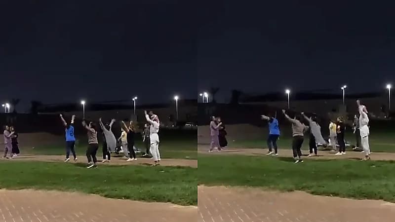 شاب يدخل تجمع تمرين فتيات بأحد الحدائق العامة ويتمرن معهم .. فيديو