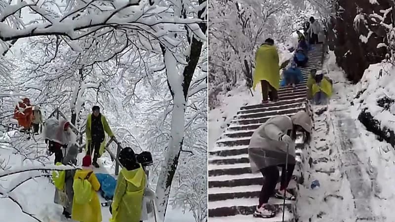 الثلوج تتسبب في انزلاق السياح على منحدر في مقاطعة هوانغشان الصينية.. فيديو