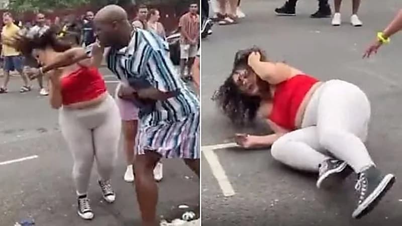 شاهد.. رجل يوجه لكمة عنيفة إلى امرأة وسط الشارع