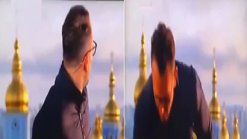 بالفيديو.. مراسل يهرب من الاستديو فور سماع انفجارات في العاصمة الأوكرانية