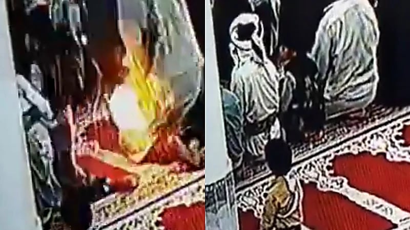 ‏ اشتعال مفاجئ للنار في ثوب أحد المصلين باليمن .. فيديو