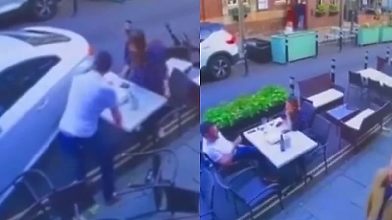 مقطع يحبس الأنفاس لسيدة كادت تدهس زوجين أثناء جلوسهما في مطعم