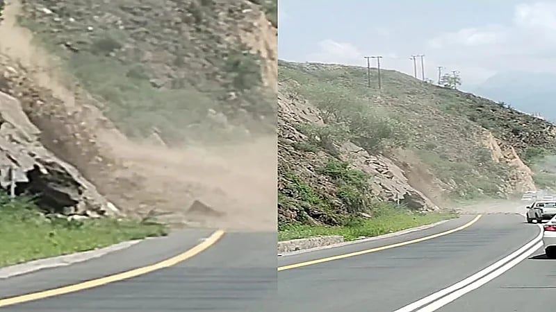 انهيار صخري هائل على أحد طرق الدائر بني مالك .. فيديو