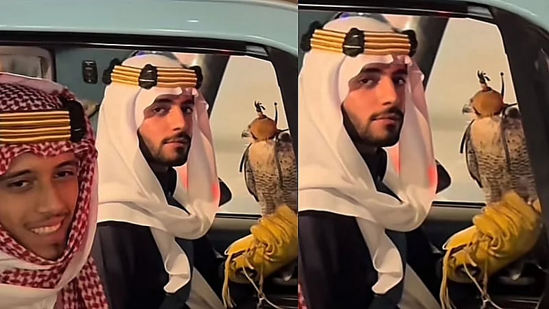 امرأه تتغزل بشاب وهي تلتقط صورة لصقر: عيونك حلوين اسم الله .. فيديو